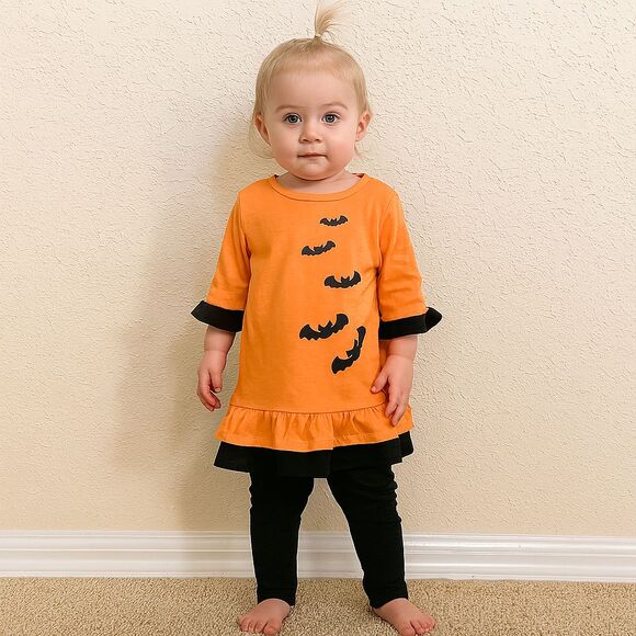 Dot & Zazz Girls Halloween Dress Glitter Bats Orange & Black Ruffle 18-24 Months - Picture 1 of 7